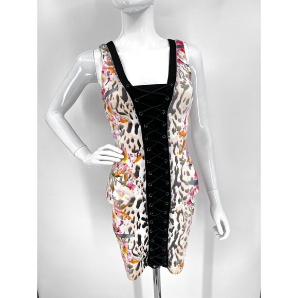 Bebe Lace Up Bondage Corset Dress Floral Lacing Front and Back, Bodycon Size XXS - Picture 1 of 8